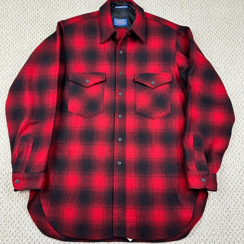 Vtg Pendleton Outdoors Man Flannel Shirt Mens L Red Black Buffalo Plaid USA Made